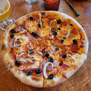 spicy calabrese pizza from eruption brewery and bistro