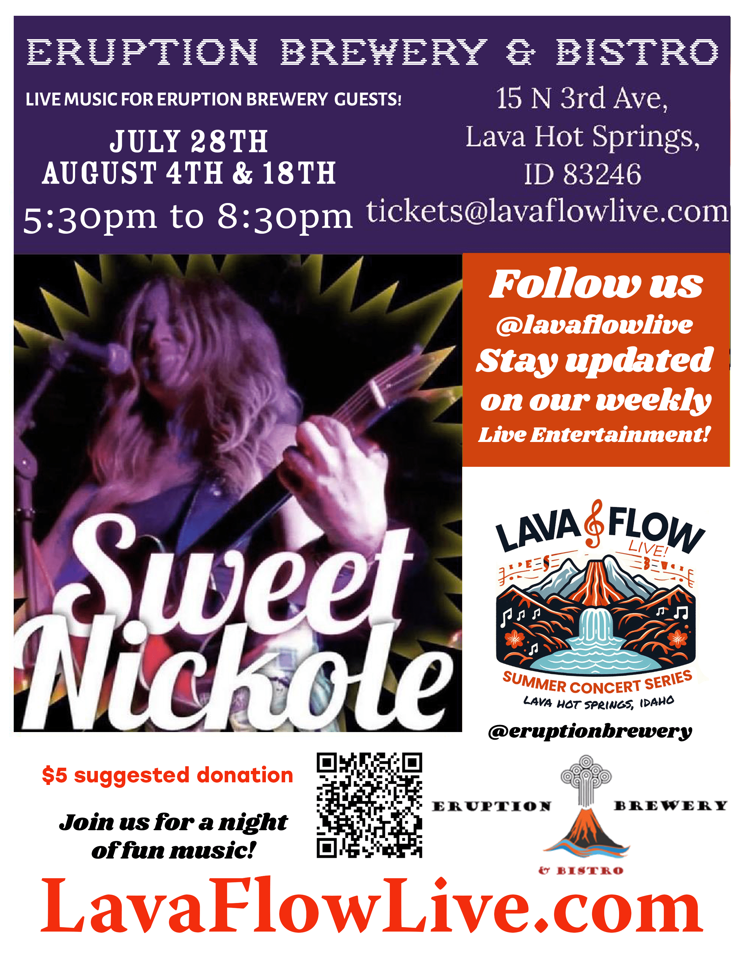 Sweet Nickole Live Music At Eruption Brewery July 28th August 4th & 18th